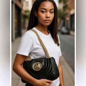 HENRI BENDEL NO. 7 PETITE QUILTED SHOULDER BAG W/ GOLD CHAIN TURQUOISE INTERIOR